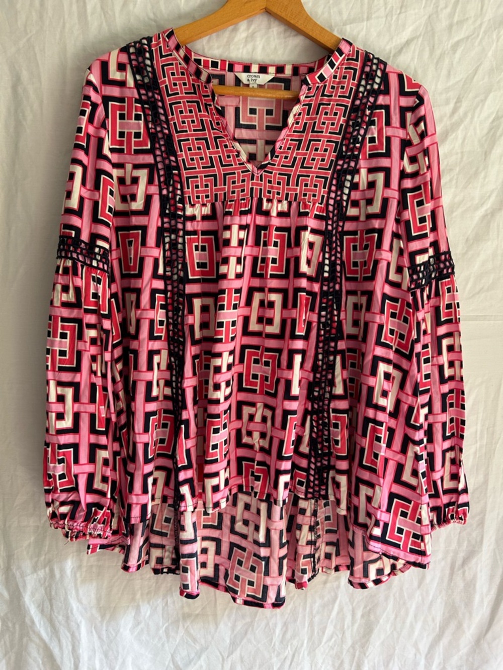 Crown & Ivy Pink Geometric Boho Blouse - Retro Maximalist